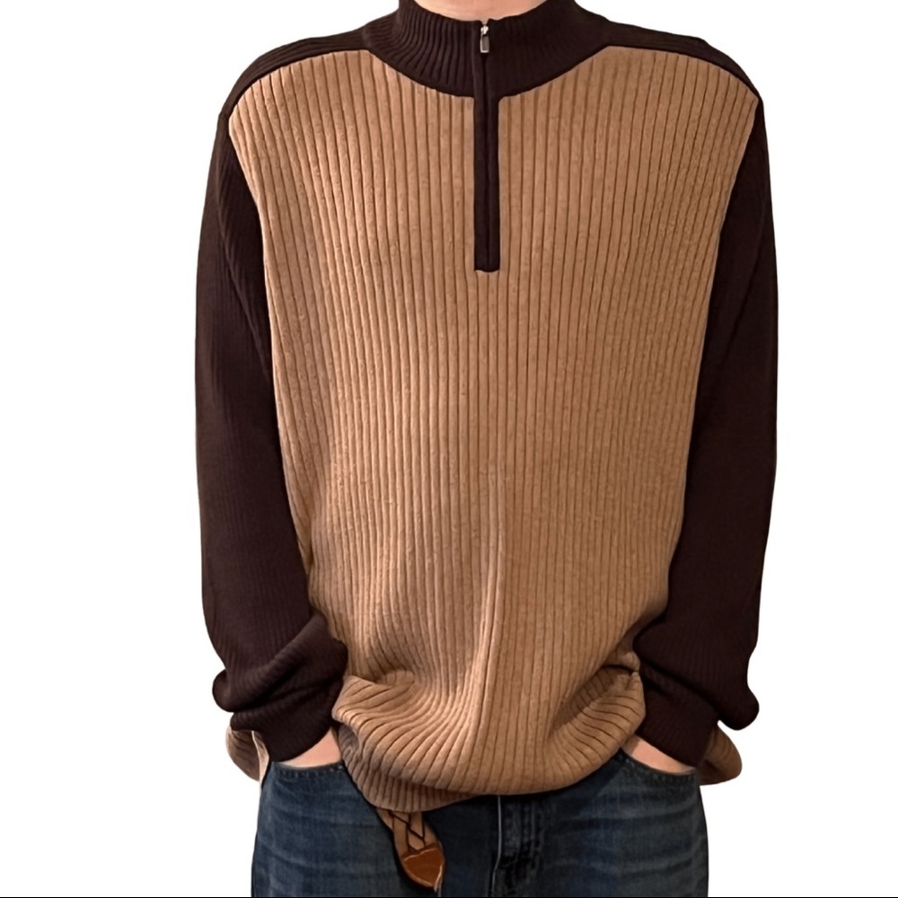 NWT Mens Brown Half Zip Ribbed Two Tone Sweater XL